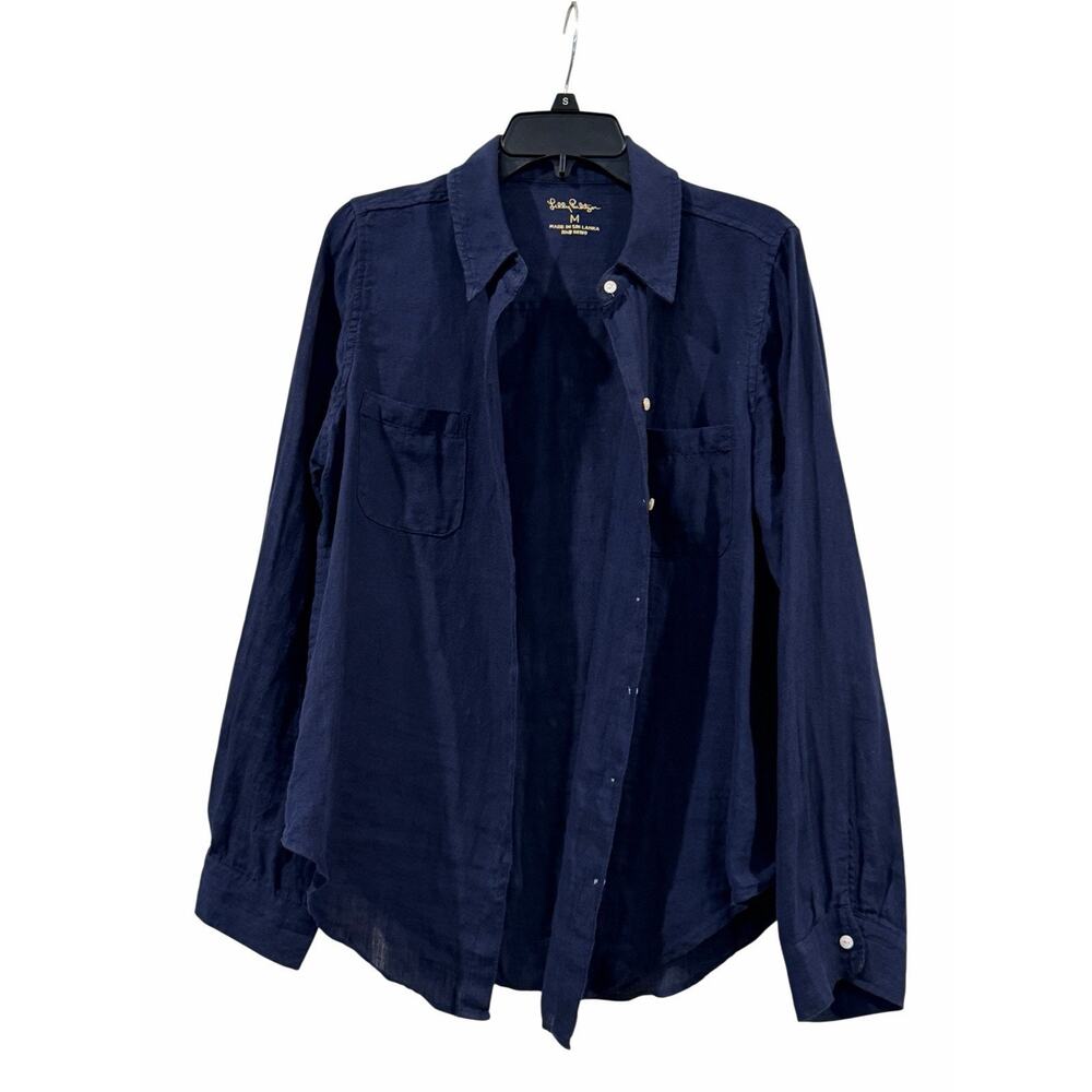 Lilly Pulitzer Sea View Shirt Womens Size M True Navy 100% Linen Button Down - Picture 6 of 10